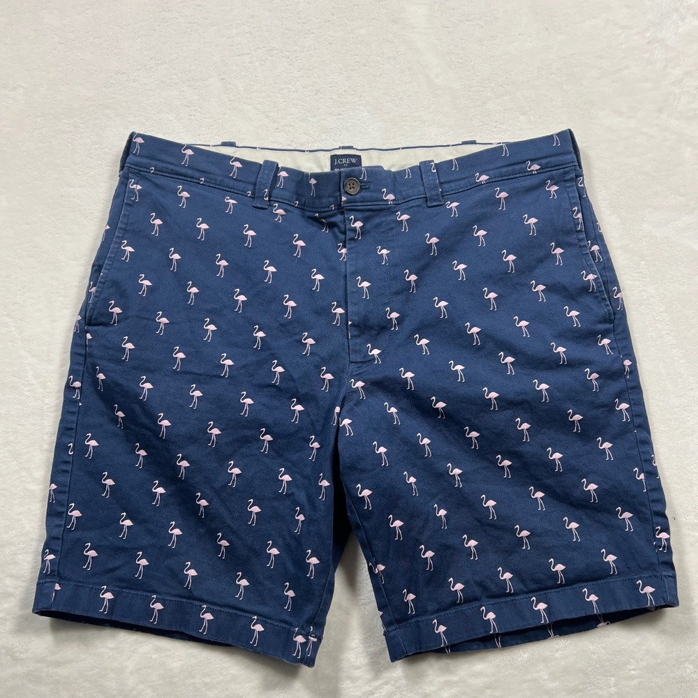 J Crew Mens 36 Navy Blue Pink Flamingo Embroidered‎ Chino Shorts 9 Inseam Cotton